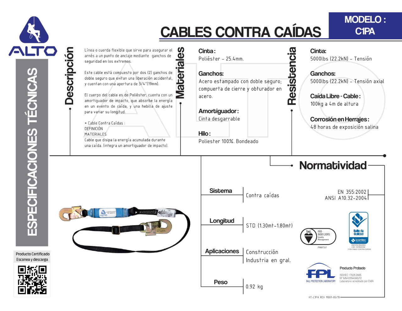CABLE CONTRA CAIDAS AJUSTABLE GANCHO CHICO